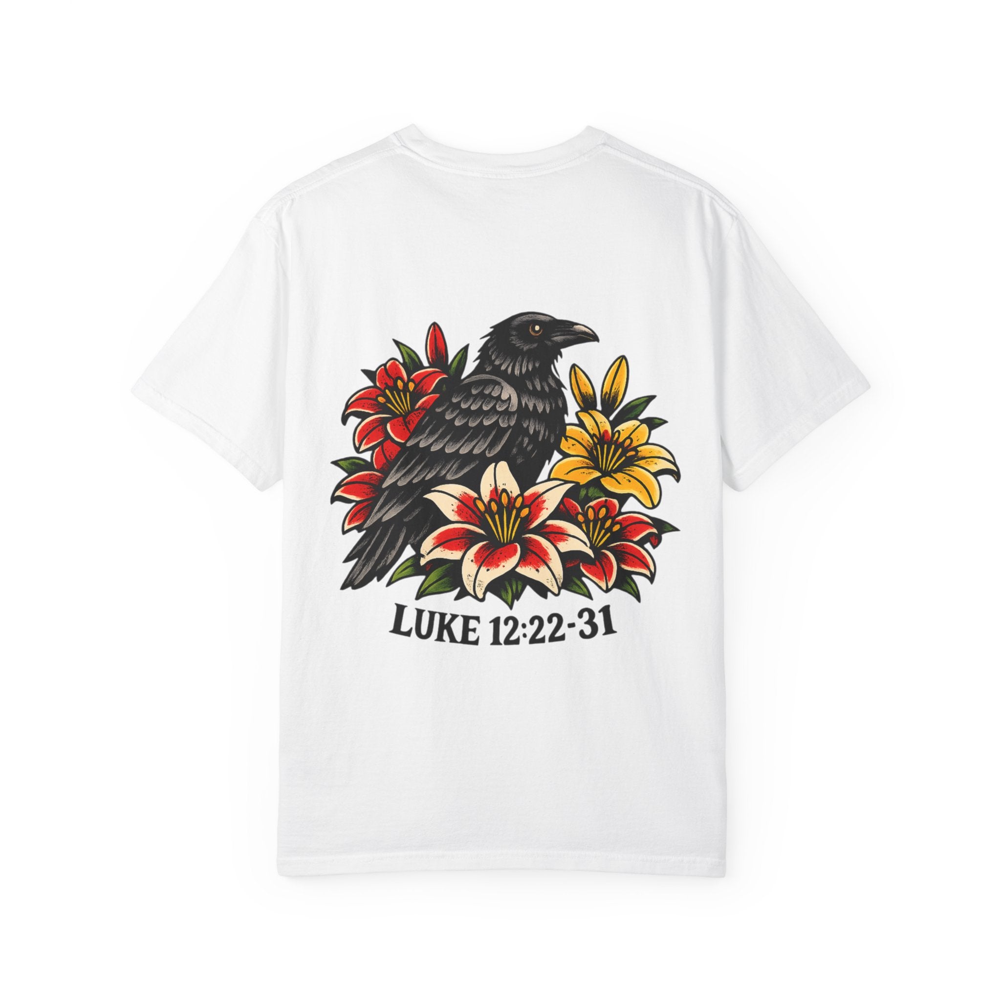 Luke 12:22-31 Tattoo-Style T-Shirt — Bold Traditional American Christian Tee