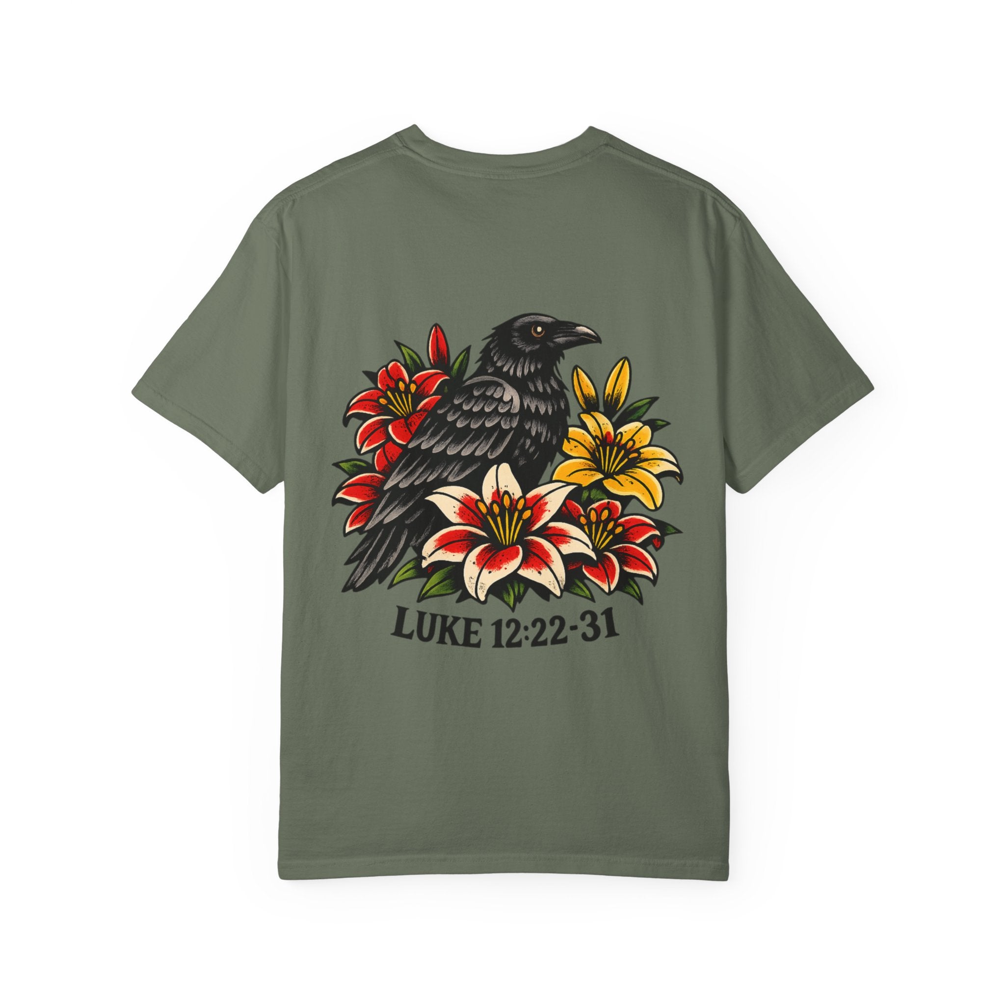 Luke 12:22-31 Tattoo-Style T-Shirt — Bold Traditional American Christian Tee