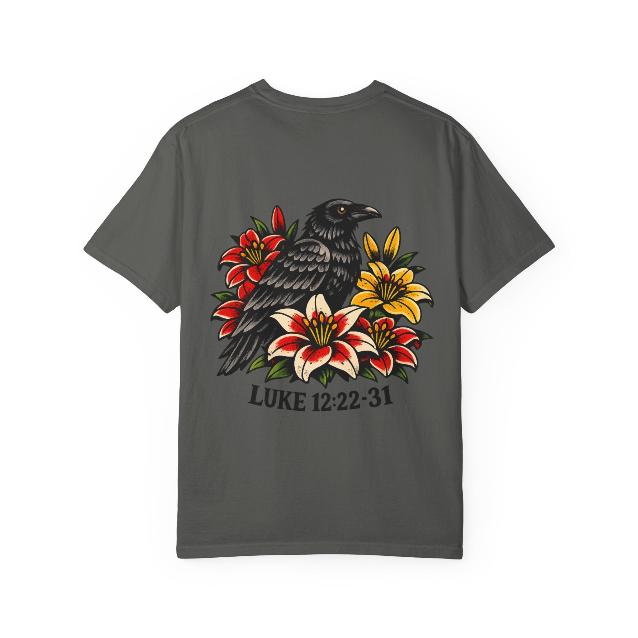 Luke 12:22-31 Tattoo-Style T-Shirt — Bold Traditional American Christian Tee