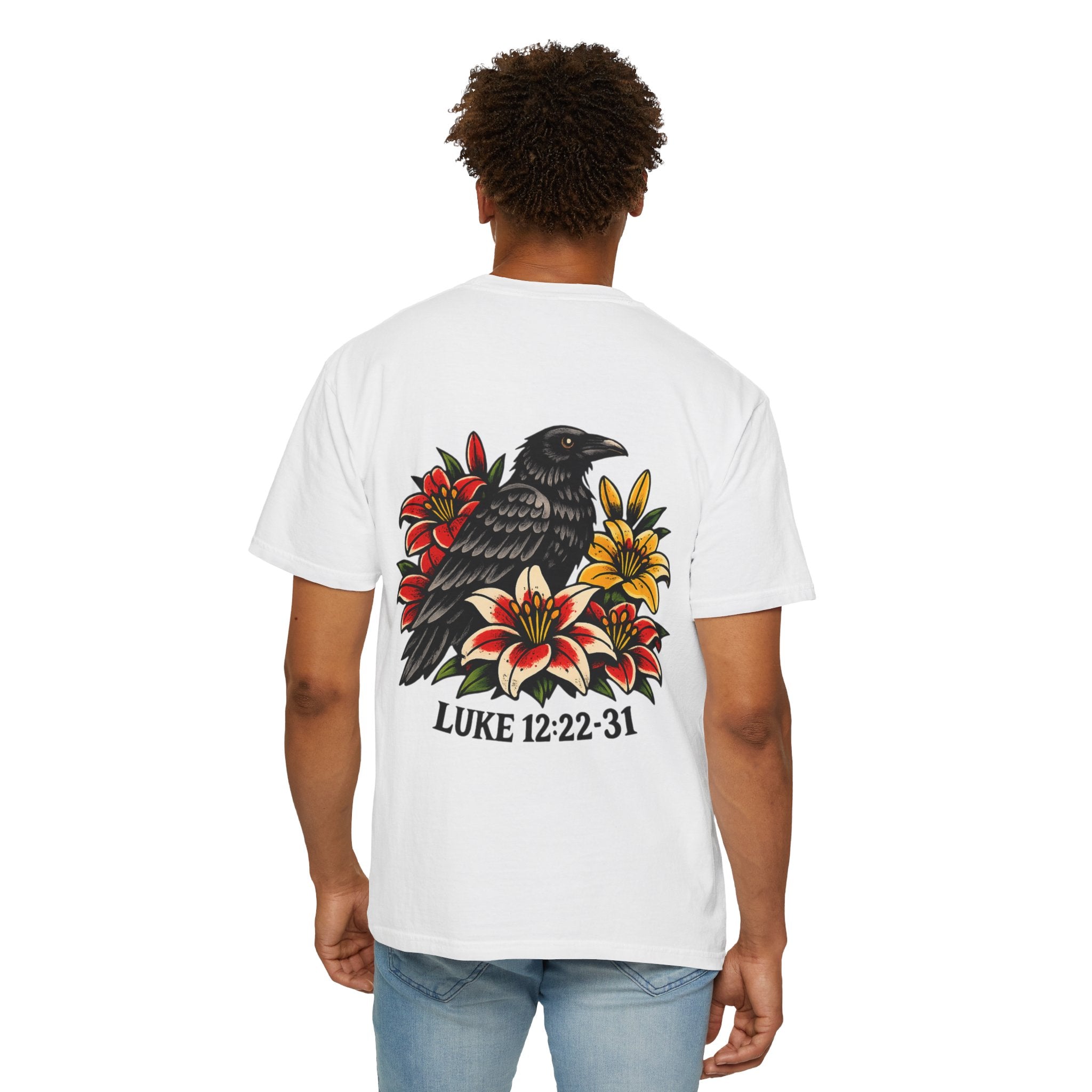 Luke 12:22-31 Tattoo-Style T-Shirt — Bold Traditional American Christian Tee