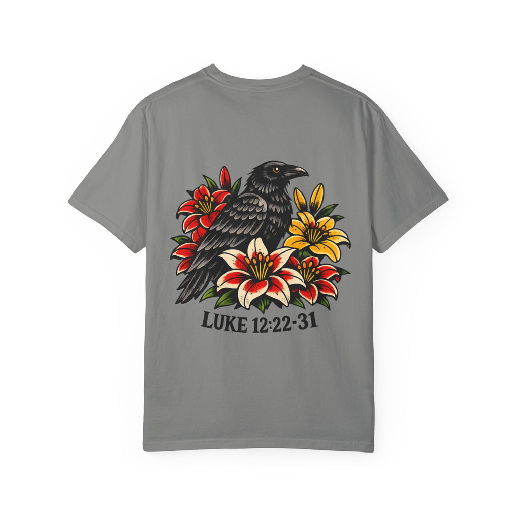 Luke 12:22-31 Tattoo-Style T-Shirt — Bold Traditional American Christian Tee