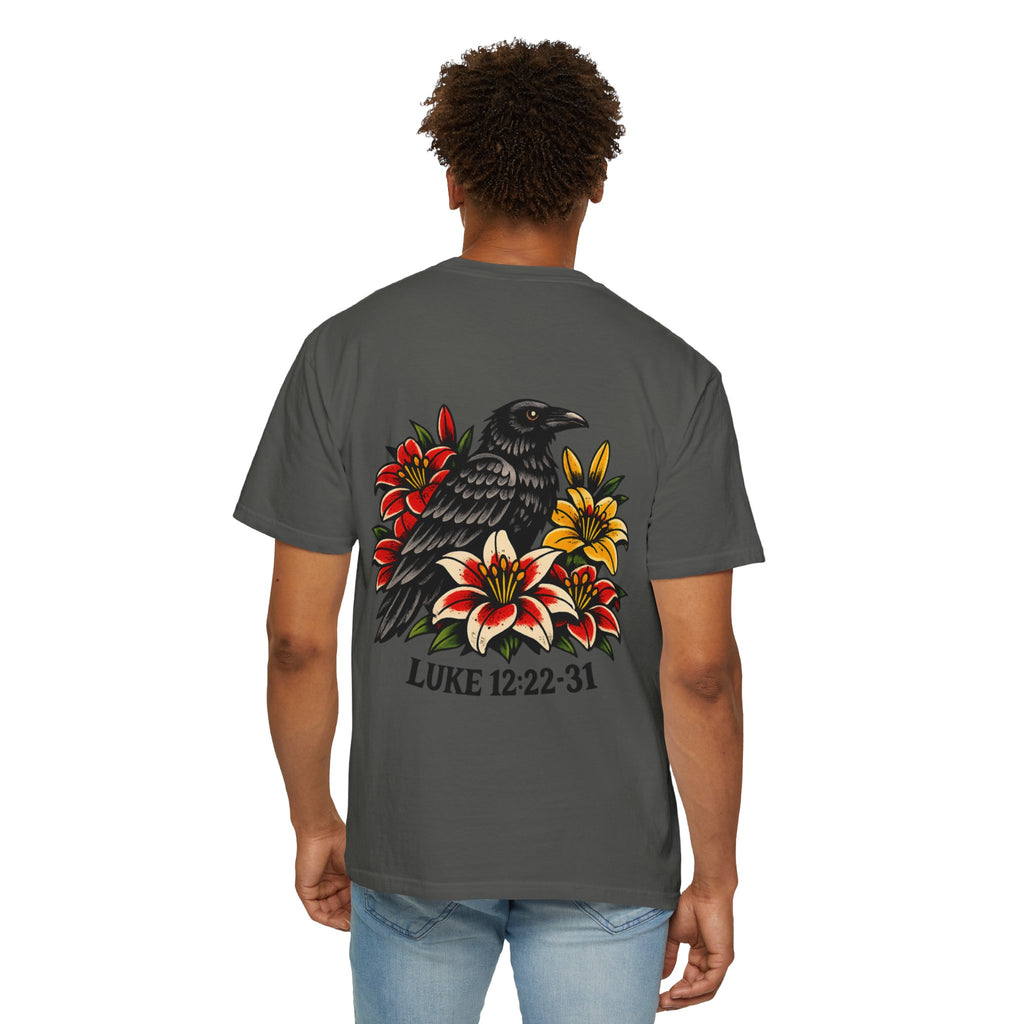 Luke 12:22-31 Tattoo-Style T-Shirt — Bold Traditional American Christian Tee