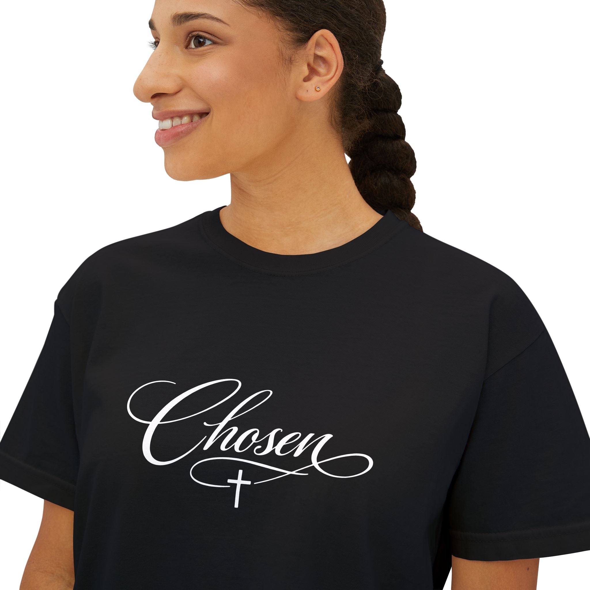 Chosen Script Boxy Tee — Women's Religious Graphic Shirt