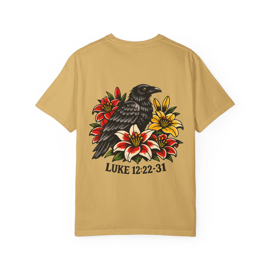 Luke 12:22-31 Tattoo-Style T-Shirt — Bold Traditional American Christian Tee